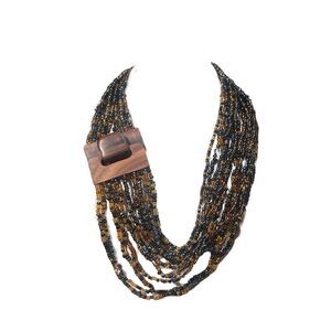 Vintage Amber Earth Tone Seed Bead Multi Strand Necklace with Wooden Belt Buckle
